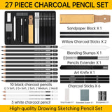 27 Piece Charcoal Drawing Set - Professional Black & White Charcoal Pencils for Sketching, Shading & Blending, Graphite Sticks with Artist Art Supplies Kit (Beginners & Professionals) GETHPEN