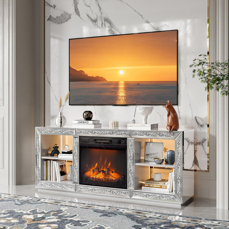 VINGLI Mirrored Fireplace TV Stand for 70" TV, Diamond Entertainment Center with Shelves ＆ 20 Color LED Lights, Media Console Table with 18'' Electric Fireplace for Living Room/Bedroom (Assembled) VINGLI