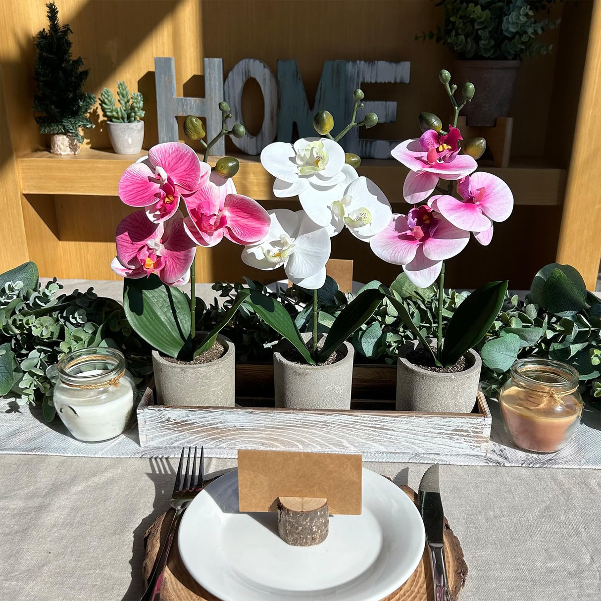 Winlyn Set of 3 Small Artificial Orchid Potted Plants Arrangement with Rustic Wood Planter Box Real Touch Faux Phalaenopsis Moth Orchid Flowers in Pots for Home Office Desk Shelf Table Centerpiece Winlyn