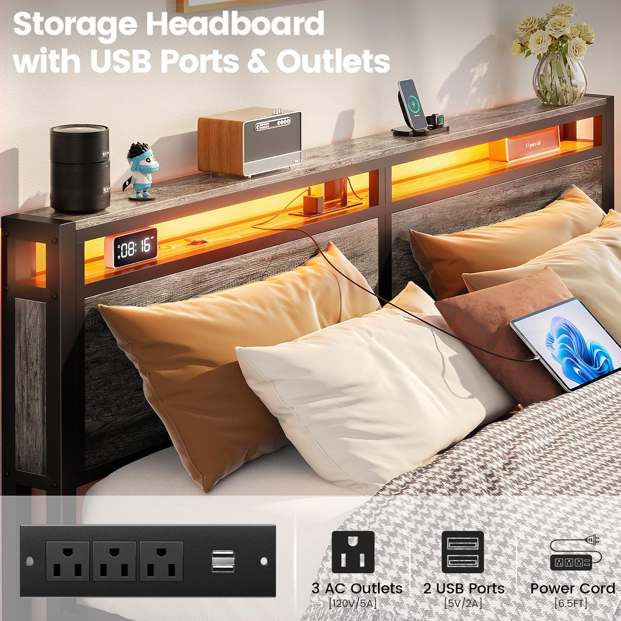 Homieasy King Size Bed Frame with 4 Storage Drawers and LED Charging Station Homieasy