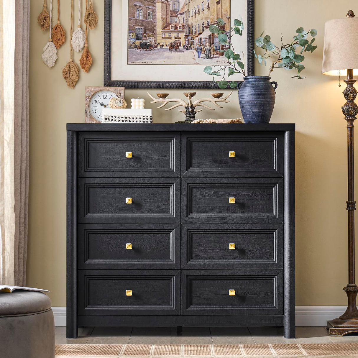 Standifurno Farmhouse Dresser for Bedroom, 41" Tall Black Dresser with 8 Drawers, Soide Rustic Wood Vintage Dressers Chest of Drawers for Bedroom, Living Room, Hallway Standifurno
