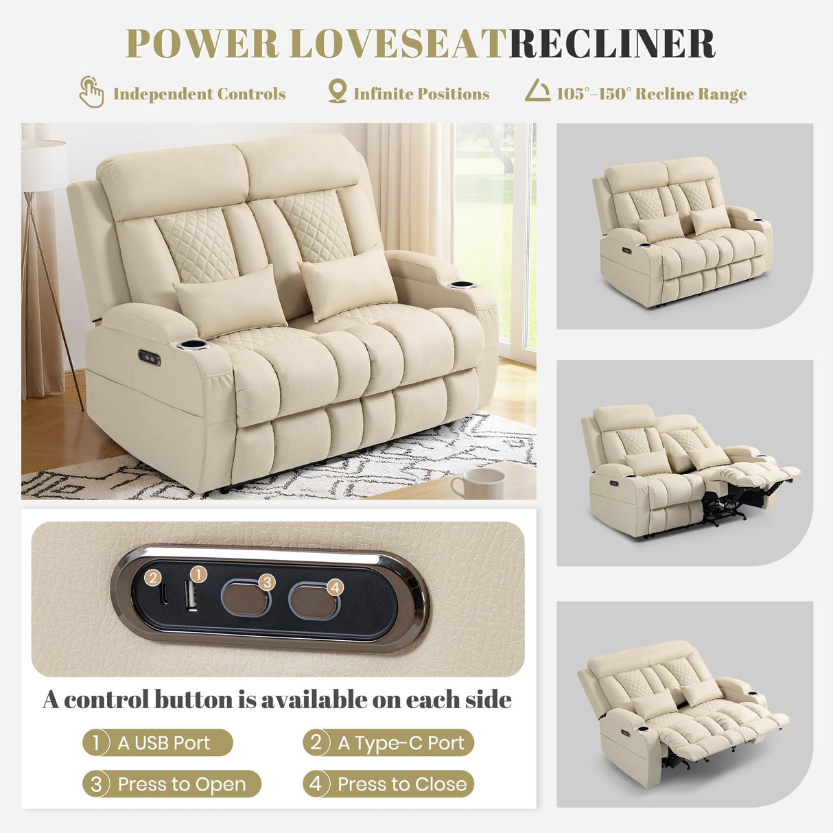 Zero Wall Hugger Power Reclining Loveseat with Adjustable Headrest, Fabric Electric Recliner Sofa with USB & Type-C Ports, Dual Cup Holders, 2-Seater Couch for Living Room, RV, Home Theater (Beige) LURVIA