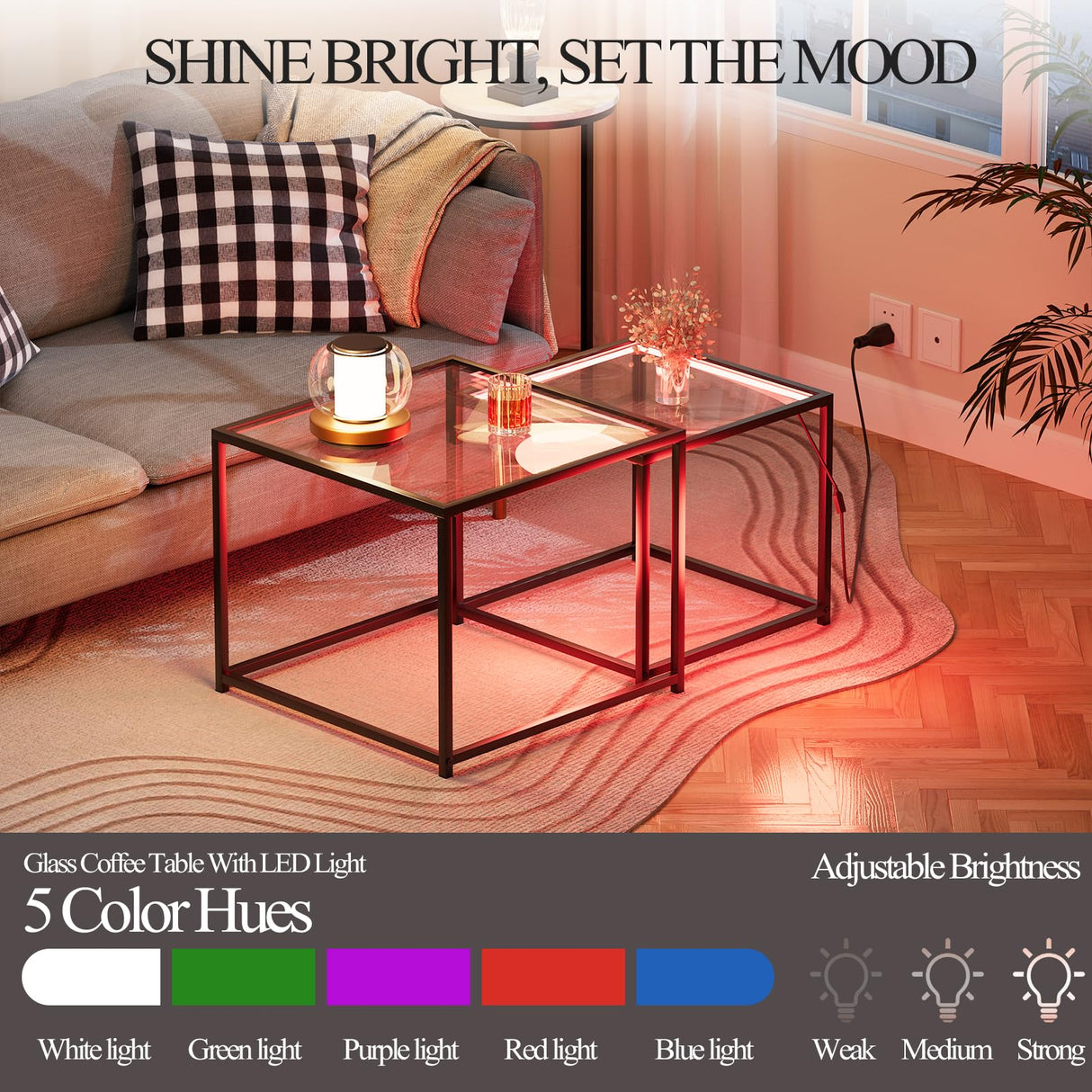 Nesting Coffee Table Set of 2, Glass Coffee Tables with LED Lights, Modern Center Table, Square Living Room Side End Tables, Coffee Table for Home, Office, Bedroom, Easy Assembly, 26.4 in, Black Adompacat