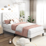 Twin Bed Frame, Upholstered Platform Bed with Button Tufted Headboard, Fabric Bed Frame with Wooden Slats Support, No Box Spring Required, Easy Assembly, White BarnFurin