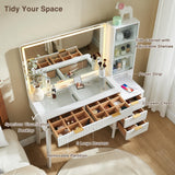 T4TREAM 48" Fluted Makeup Vanity Desk with Large 36" Mirror and Lights, Modern Glass Top Big Vanity Table with 5 Drawers & Adjustable Shelves, Dressing Table Set w/Charging Station for Bedroom, White T4TREAM