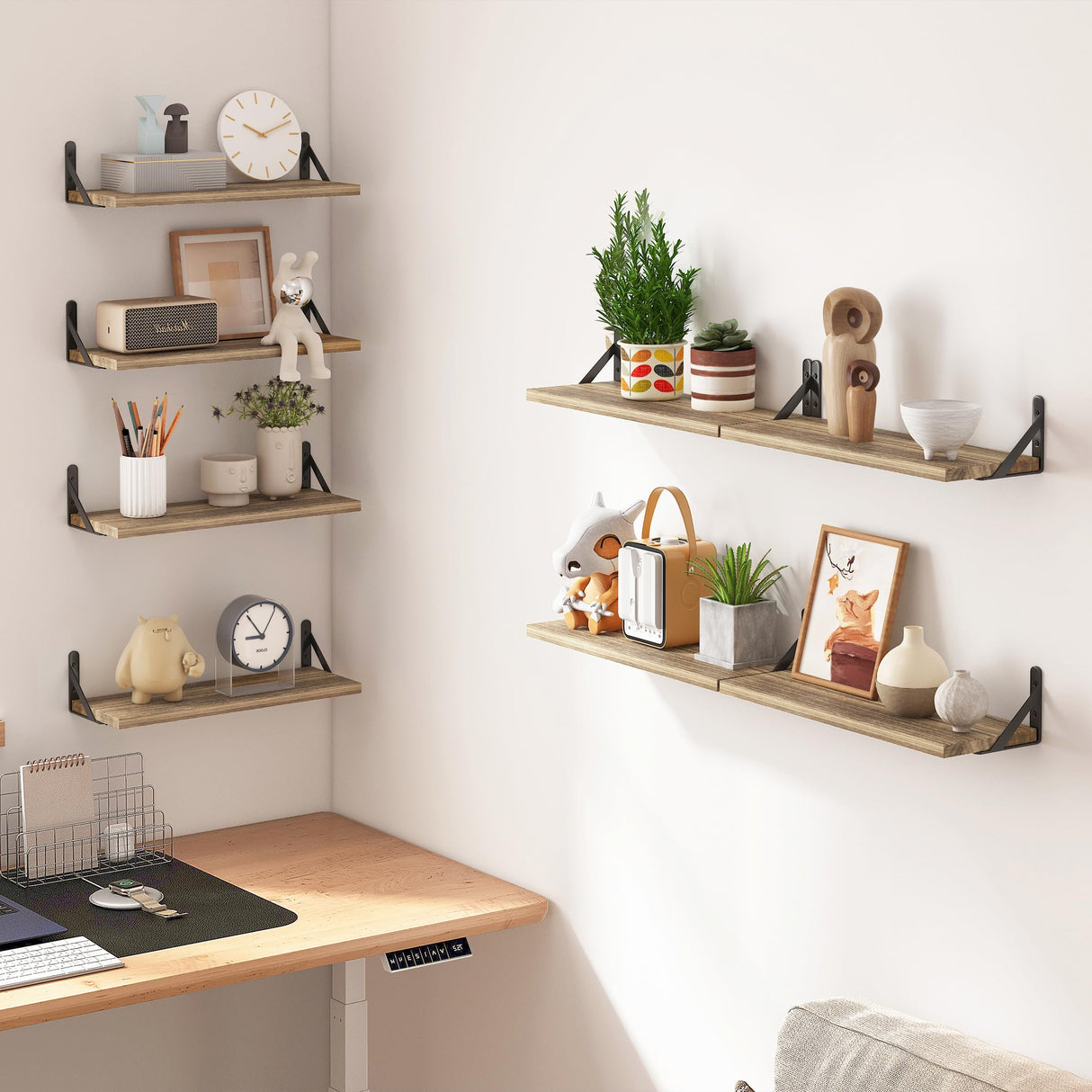 Fixwal Floating Shelves Width 4.7in Rustic Wood Wall Shelves Set of 8, Wall Shelves for Bedroom, Living Room, Kitchen, Bathroom, Office Decor and Plants Display (Carbonized Black) Fixwal