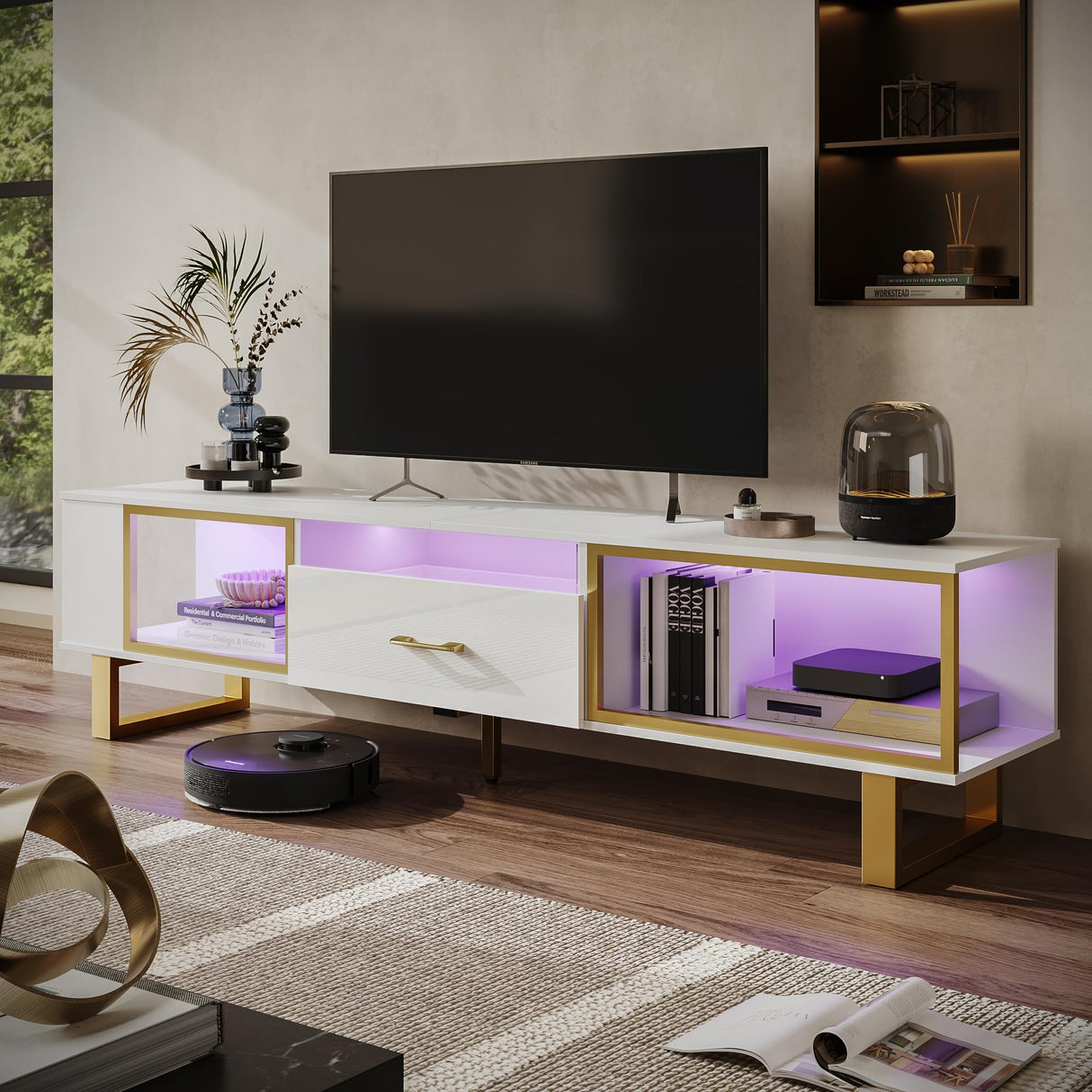 Bestier TV Stand with LED Light for TVs up to 80 inch, Modern Entertainment Center with Open Storage and Half-Glass Design Drawer, High Gloss Media Console Table for Living Room Bedrom, White and Gold Bestier