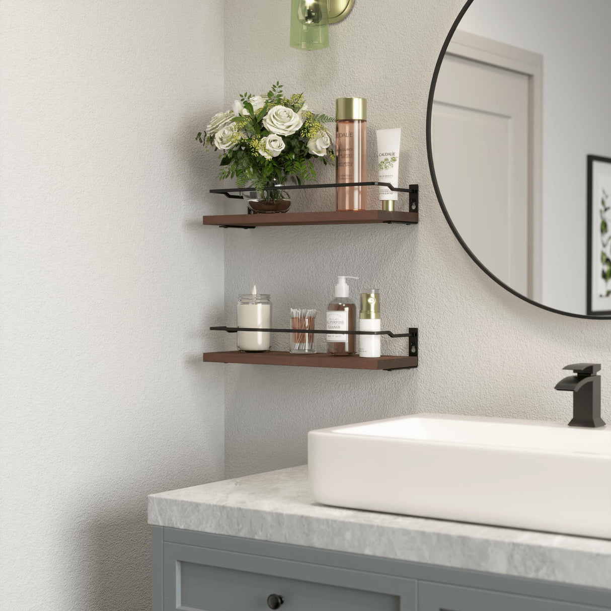 RICHER HOUSE Floating Bathroom Shelves, Small Wall Shelf for Bathroom Decor, Rustic Wall Mounted Wood Shelves Set of 2, Bathroom Wall Organizer Over Toilet Storage, Kitchen Shelf - Rustic Brown RICHER HOUSE