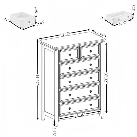Ball & Cast Farmhouse 6 Drawer Dresser, Chest of Drawers with Vintage Carved Flower Handle and Wood Grain Tabletop, Anti-Tipping Design,31.5" Wide Storage Organizer for Bedroom, Living Room,White Ball & Cast