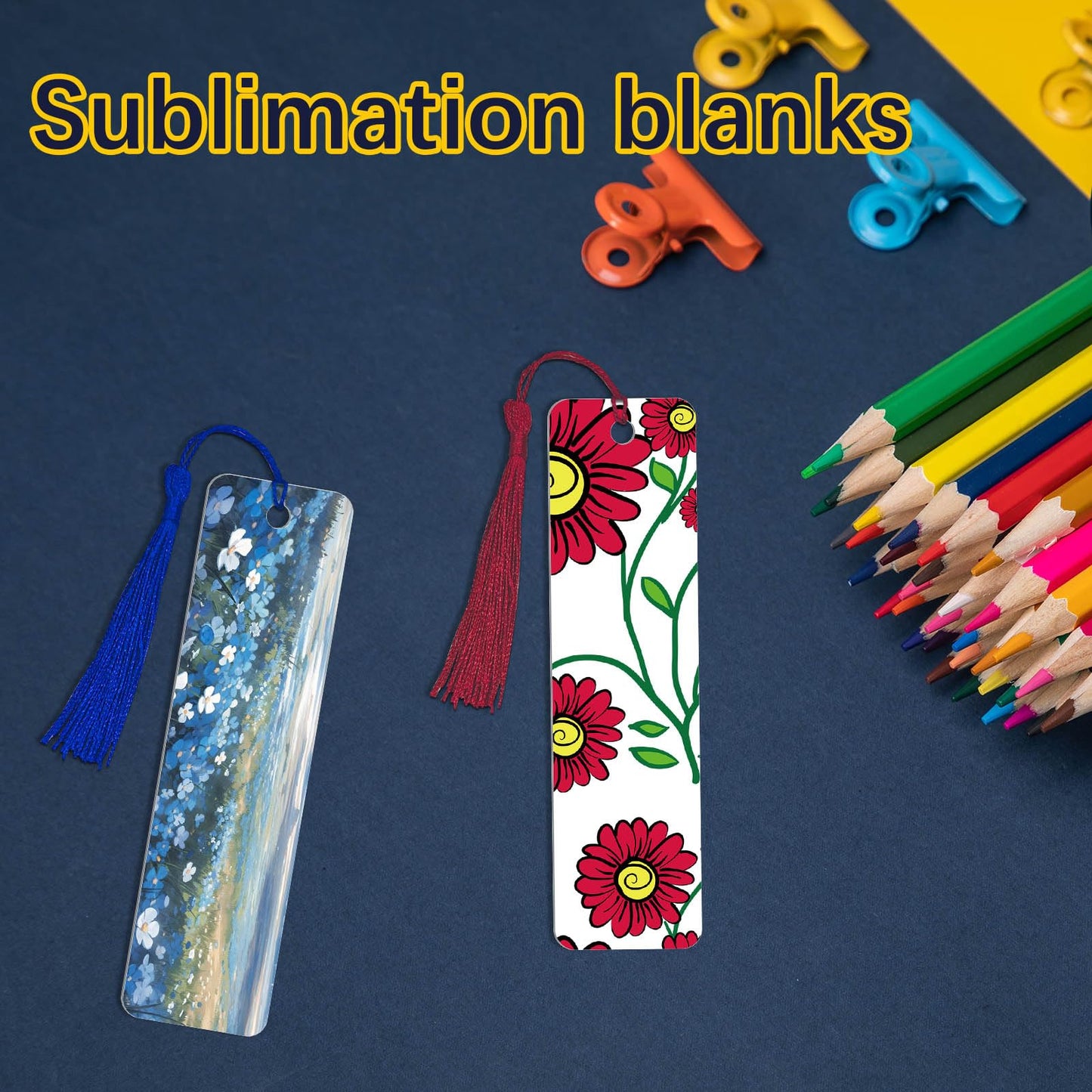 45 Pcs Sublimation Bookmarks，Sublimation Bookmark Blank Aluminum Metal Bookmarks Bulk DIY Bookmarks with Hole and Colorful Tassels for Crafts Reading School Office Supplies