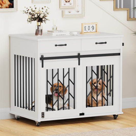 YITAHOME Dog Kennel Furniture for 2 Dogs, 39 inch Double Dog Crate with Storage Drawers, Indoor Wooden Dog House Heavy Duty for 2 Small Medium Dogs, White - WoodArtSupply