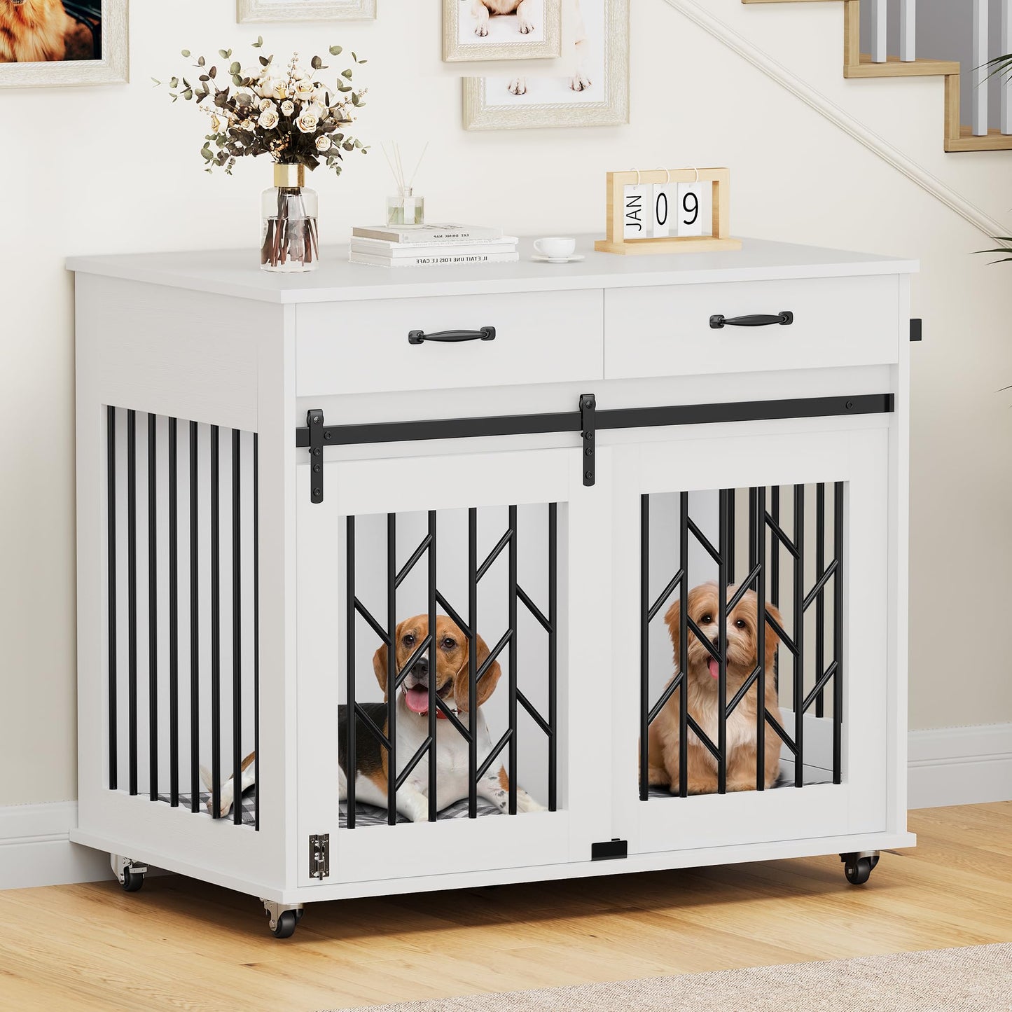 YITAHOME Dog Crate Furniture with Wheels, 39 inch Double Dog Kennel with Storage Drawers, Indoor Wooden Dog House Heavy Duty for 2 Small Medium Dogs, White