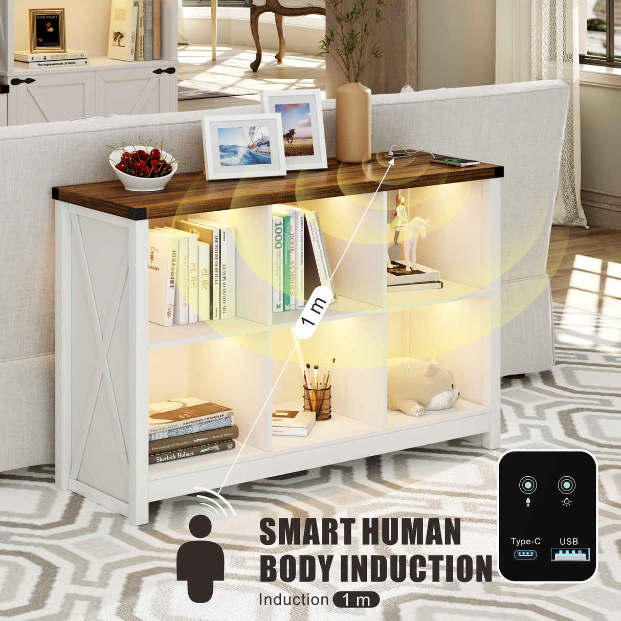 HWB Farmhouse 6 Cube White Bookcase with LED Lighting and Charging Station HWB