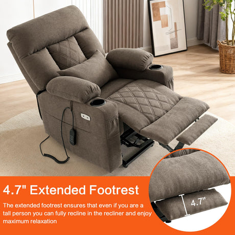Infinite Position Power Lift Recliner Chair for Elderly with Adjustable Headrest, Lay Flat Recliner Chair for Adults W/Massage & Heat, Cup Holders, Tri-Motor Power Lift Chairs, Fabric,Brown BEDHOURS