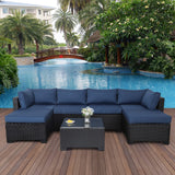 Lviden 7 Pieces Outdoor PE Wicker Furniture Set Patio Rattan Sectional Conversation Sofa Set with Navy Blue Cushions and Glass Top Table Lviden