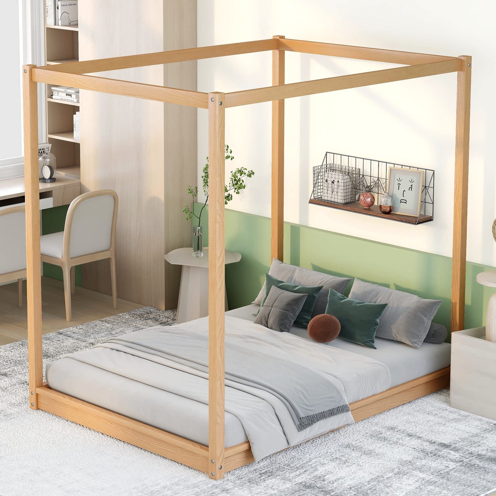 Modern Queen Size 4-Poster Canopy Bed Frame in Natural Wood Finish - WoodArtSupply