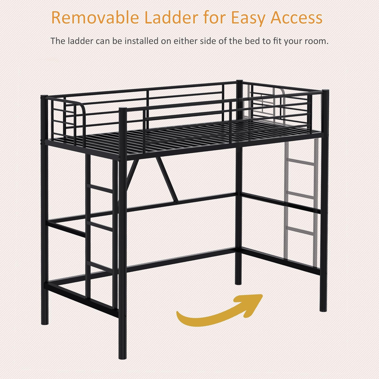 VECELO Twin Size Loft Bed with Full-Length Guardrails and Removable Ladder, Heavy-Duty Metal Frame, Space-Saving Design & Noise-Free, Black