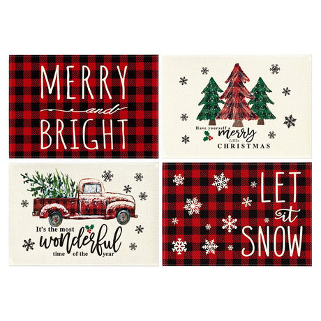 Artoid Mode Merry and Bright Buffalo Plaid Christmas Placemats for Dining Table, 12 x 18 Inch Seasonal Winter Watercolor Truck Xmas Tree Holiday Rustic Vintage Washable Table Mats Set of 4 Artoid Mode