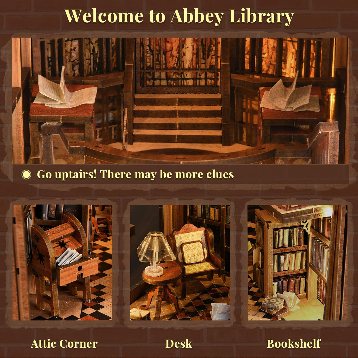 MiniCity Book Nook Kit, DIY Miniature Dollhouse Booknook Kit, 3D Wooden Puzzle Bookend Bookshelf Insert Decor with LED Light for Teens and Adults (Abbey Library) MiniCity