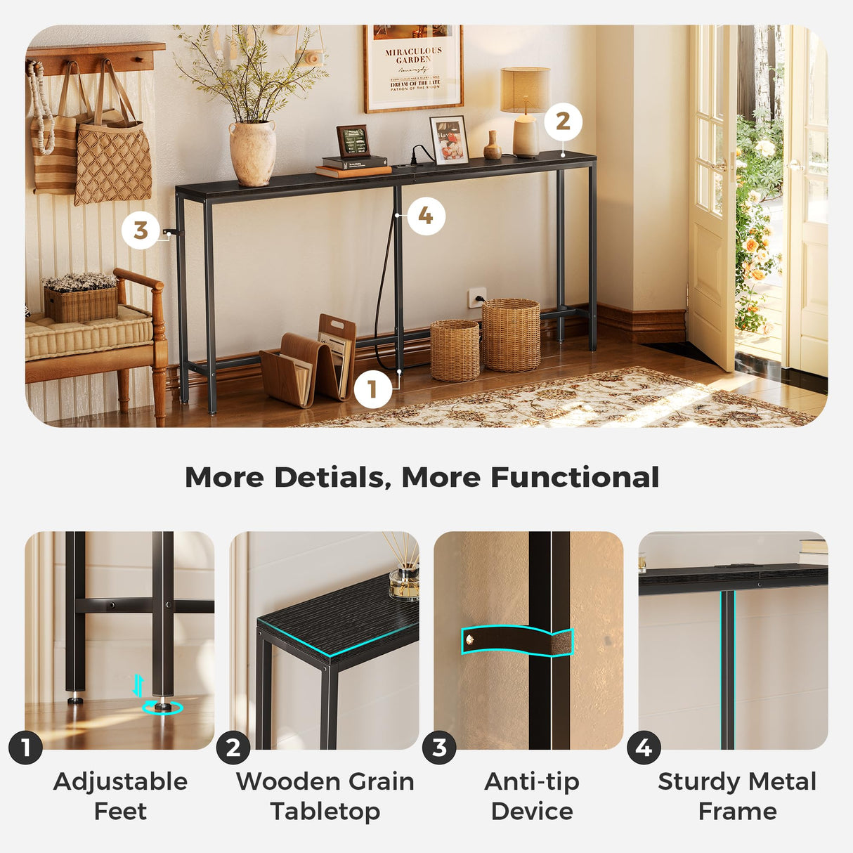 SUPERJARE 70 Inch Console Table with Outlet, Sofa Table with Charging Station, Narrow Entryway Table, Skinny Hallway Table, Behind Couch Table, for Living Room, Black SUPERJARE