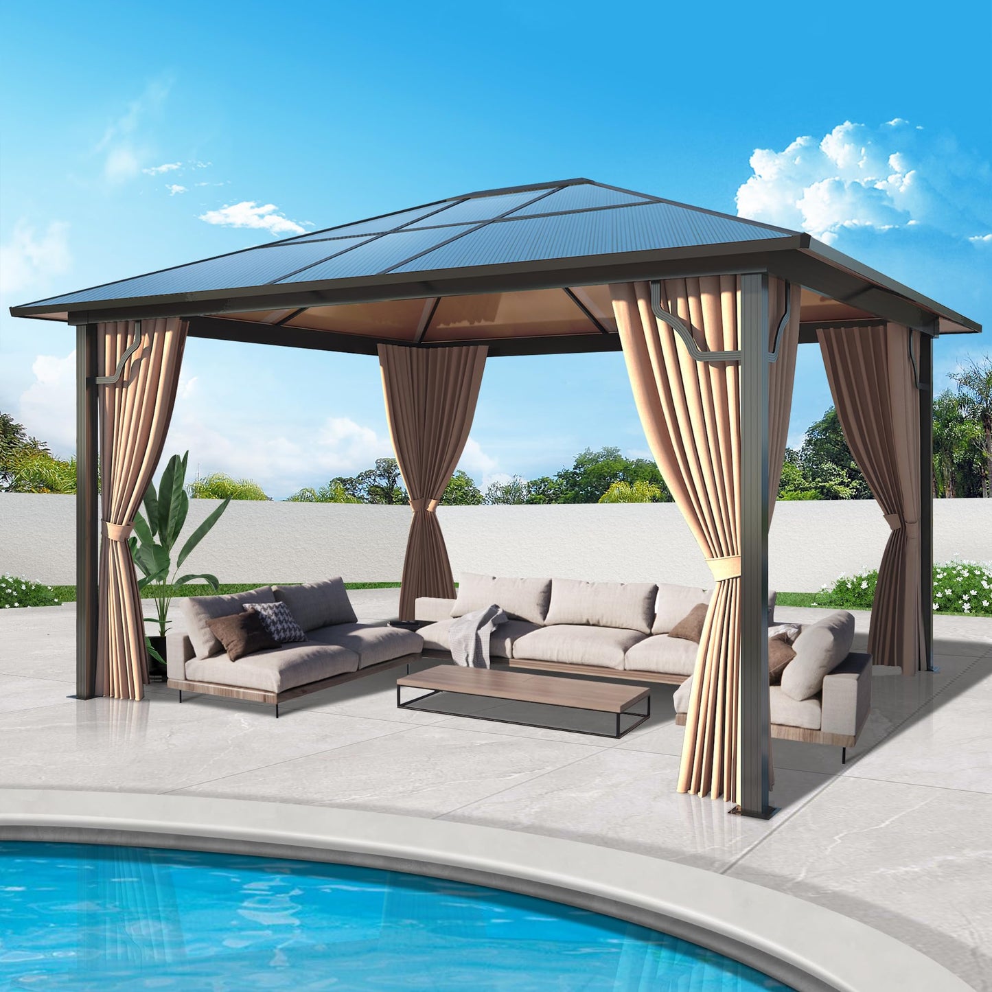 GARTOO 10' x 12' Polycarbonate Hardtop Gazebo - Sunroom Aluminum Frame Permanent Pavilion with Double Curtains for Garden, Lawn, Outdoor Party, Backyard Deck - WoodArtSupply