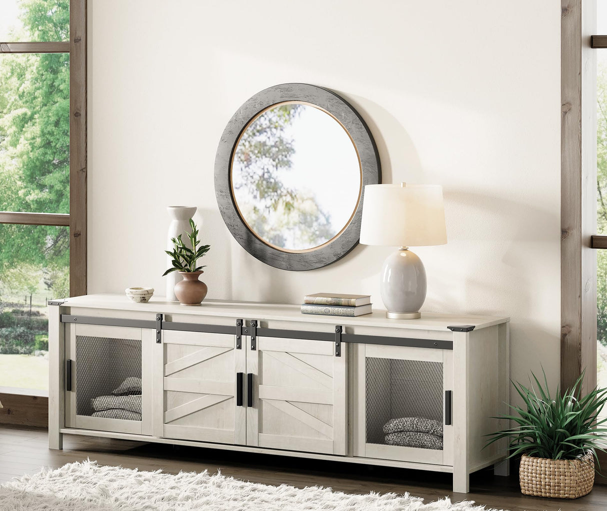 WAMPAT Farmhouse TV Stand for ups to 75 inch TV, 70" Wood Sliding Barn Door Media TV Console Table with Storage shelf, Entertainment Center for Living Room Bedroom，Antique White WAMPAT