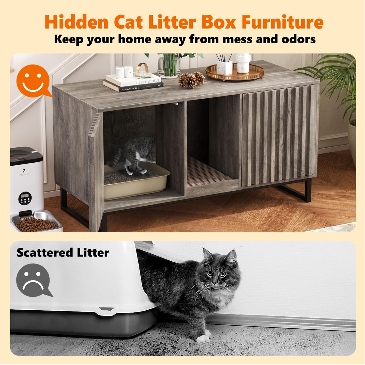 Double Litter Box Enclosure,Modern Cat Litter Box Enclosure for 2 Cats, Hidden Litter Box with Scratch Pad, Cat Washroom Pet House End Table, Entryway Bench for Livingroom (Gray) Halitaa