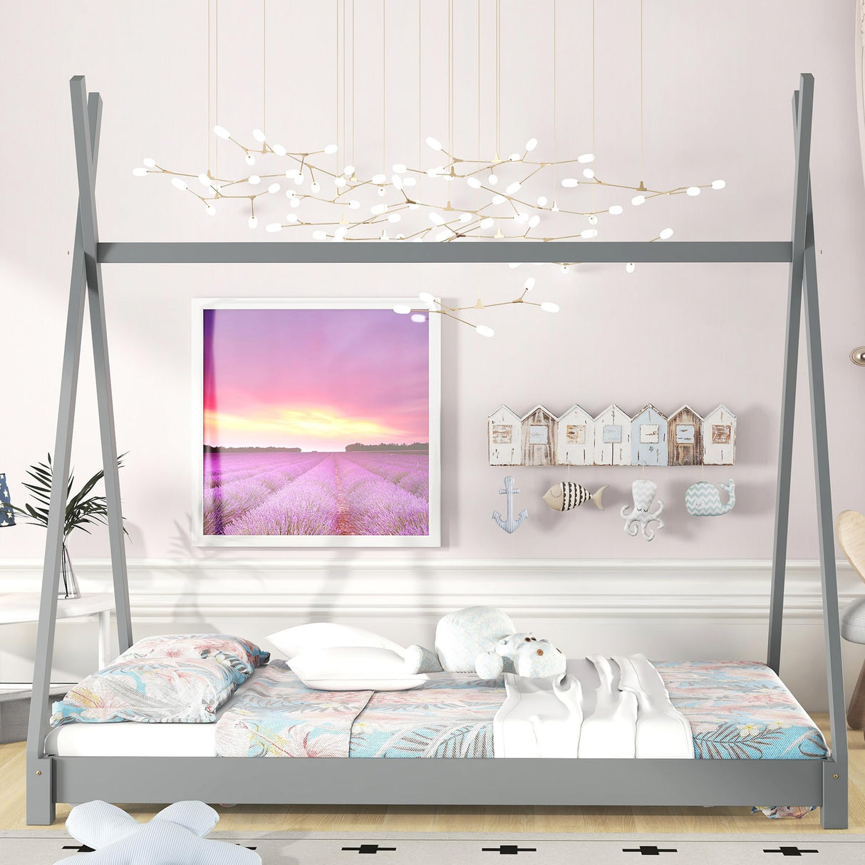 Bellemave Twin Montessori Floor Bed Frame with Sturdy Triangle Structure in Gray Bellemave