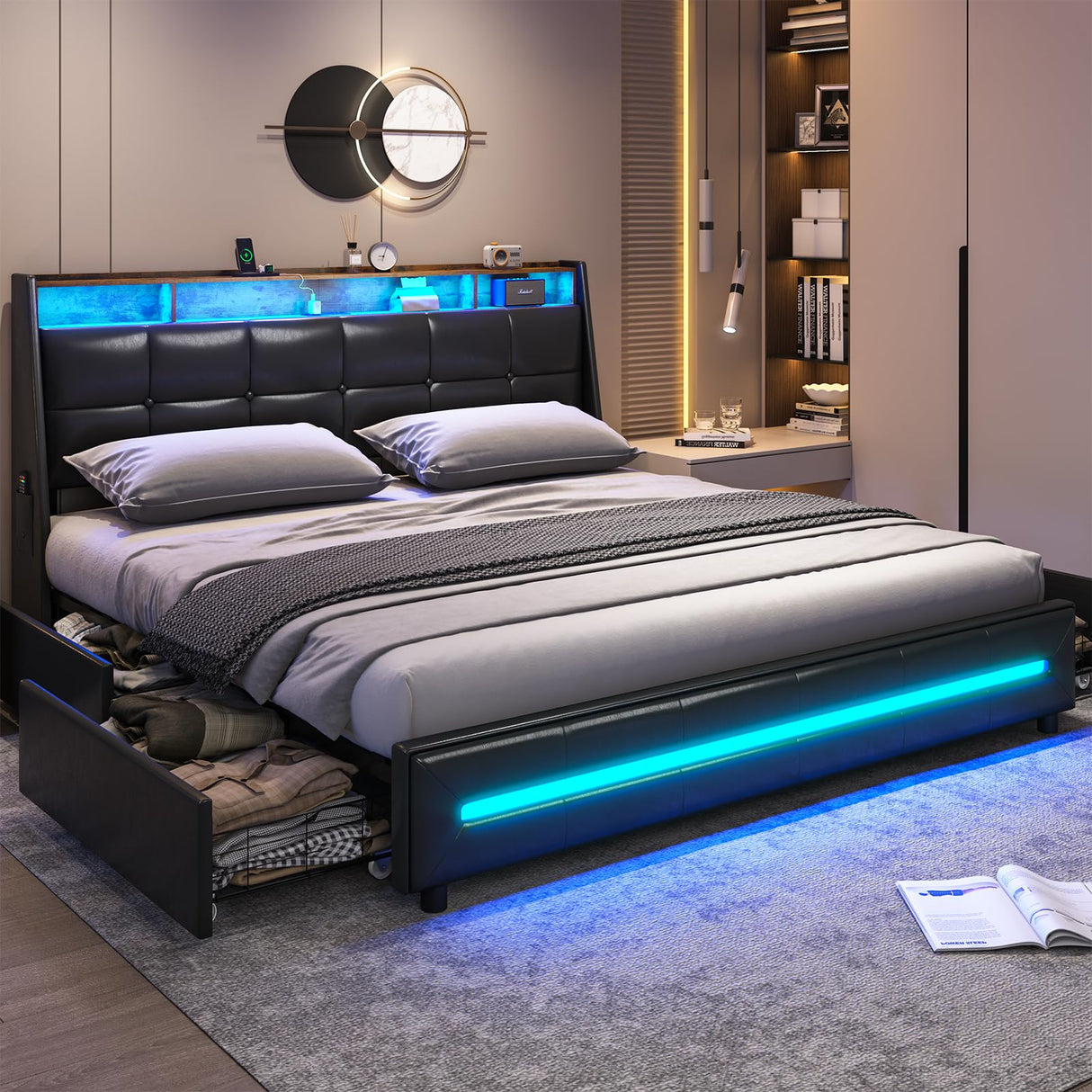 MSmask King Size Bed Frame with LED Lights, Storage Drawers, Charging Station & Wingback Headboard MSmask