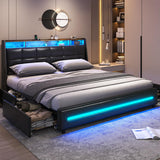 MSmask King Size Bed Frame with LED Lights, Storage Drawers, Charging Station & Wingback Headboard MSmask