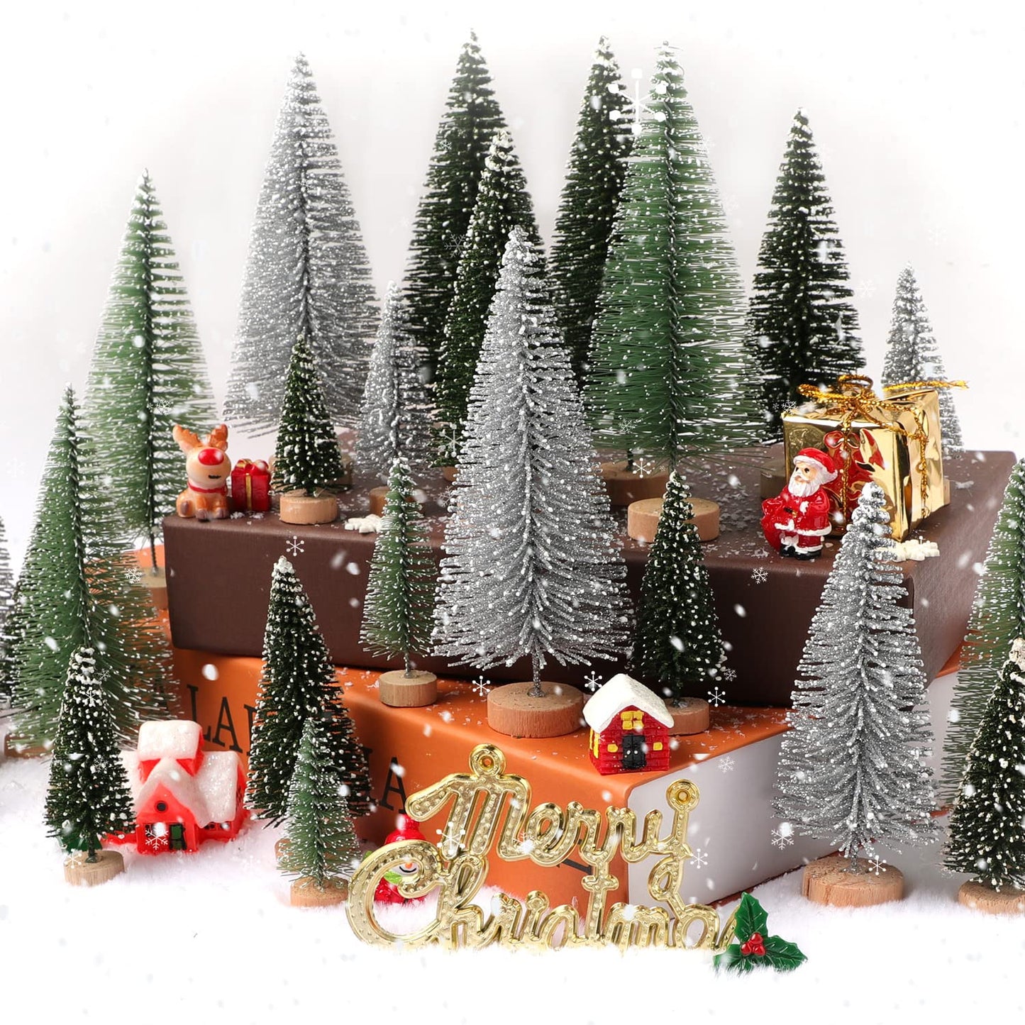 30Pcs Christmas Decorations Mini Christmas Trees, Artificial Christmas Tree Bottle Brush Trees with Wooden Base for Christmas Decor Christmas Party Home Table Craft