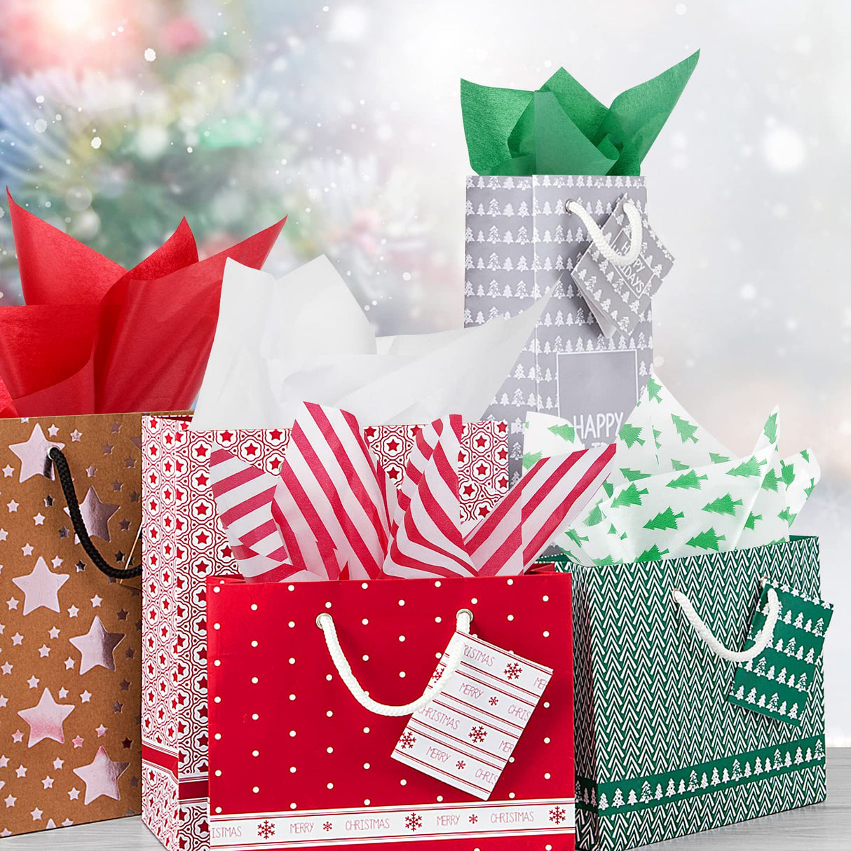 Blisstime Christmas Tissue Paper Gift Wrapping Paper, 120 Sheets, 13.5" X 19.5", White, Red, Green, Red Stripe, Christmas Trees Design Blisstime