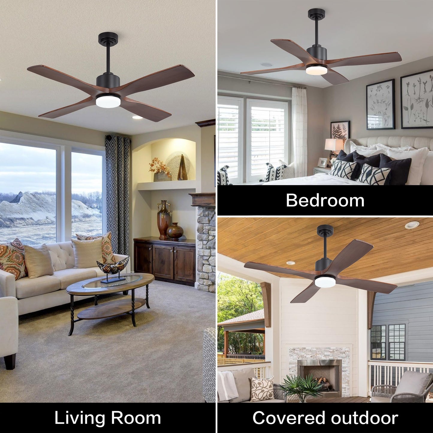 WINGBO 48 Inch DC Ceiling Fan with Lights and Remote Control, 4 Carved Solid Wood Blades, 6-Speed Noiseless Reversible DC Motor, Modern Ceiling Fan in Black Finish with Walnut Blades, ETL Listed