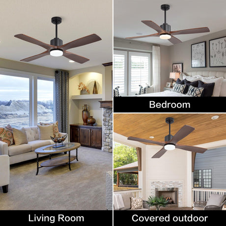WINGBO 48 Inch DC Ceiling Fan with Lights and Remote Control, 4 Carved Solid Wood Blades, 6-Speed Noiseless Reversible DC Motor, Modern Ceiling Fan in Black Finish with Walnut Blades, ETL Listed WINGBO