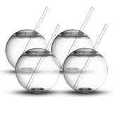 Fish Bowl for Drinks - Sphere Shaped Durable Drinking Party Cups with Cover, 4-Pack (22 oz) - Fun, Unique Design Sits Flat, 4 Straws Included - Great for Dinner and Cocktail Parties and Outdoor Use Kwirkworks