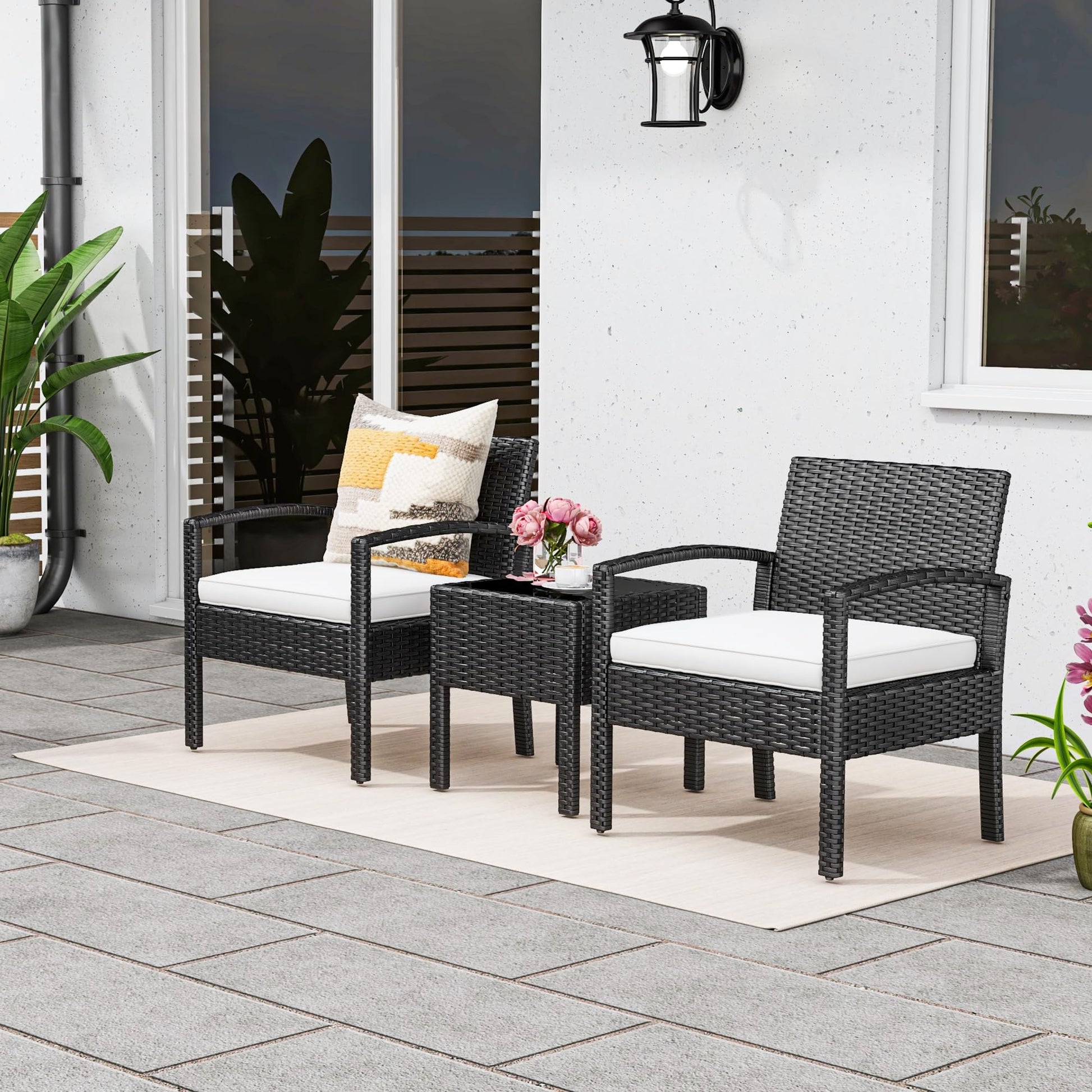 YITAHOME 3-Piece Outdoor Patio Furniture Wicker Bistro Set, All-Weather Rattan Conversation Chairs with Glass Side Table & Soft Cushions for Backyard, Balcony and Deck, Black+Beige - WoodArtSupply