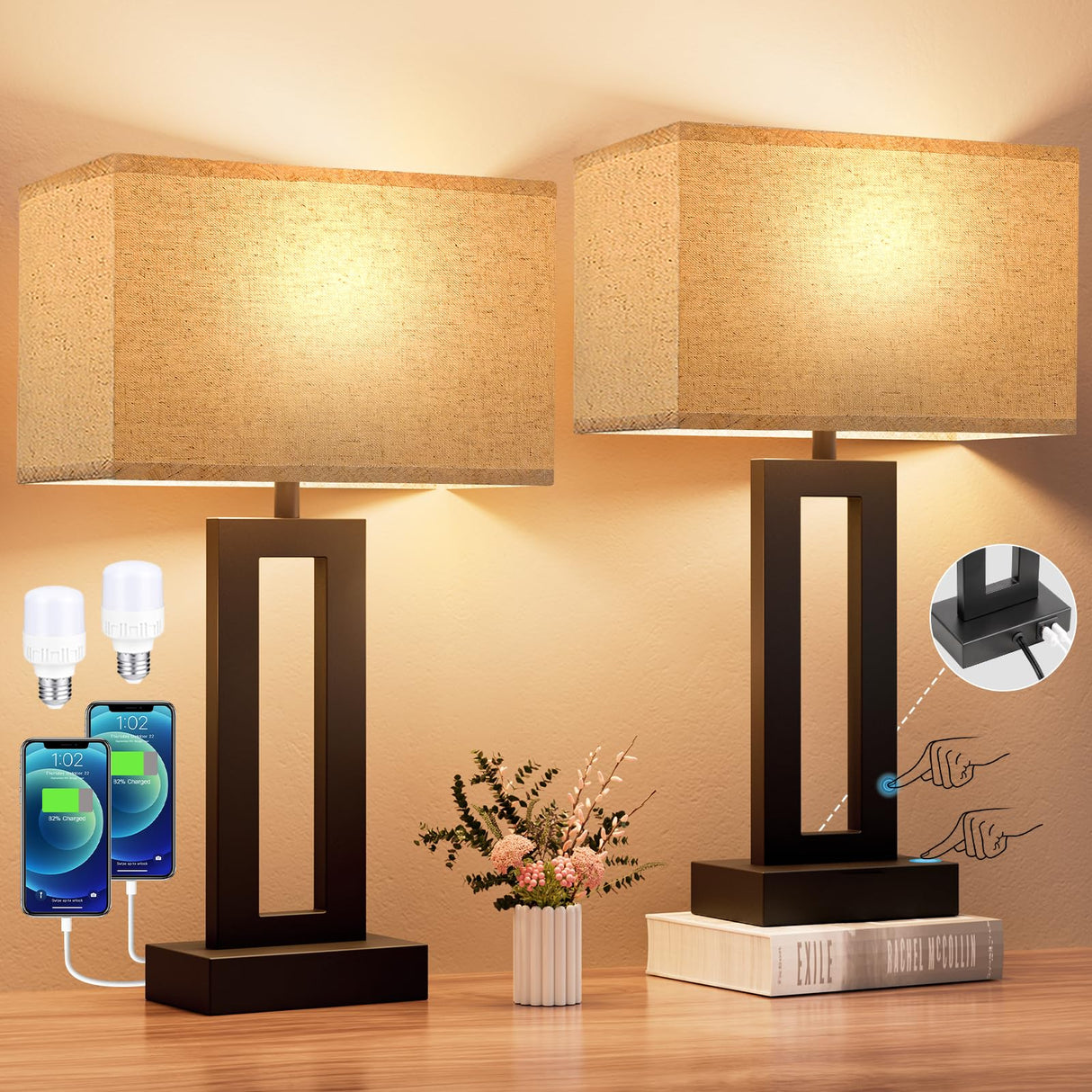 Seealle Bedroom Lamps for Night Stands - Touch Control, 3 Way Dimmable, USB C+A Charging, LED Bulbs, Easy Assembly Seealle
