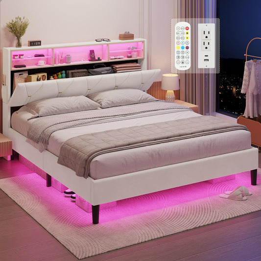 HAUOMS Queen Bed Frame with Storage Headboard, RGB LED Lights & Charging Station - Creamy White Velvet Upholstered Platform - WoodArtSupply