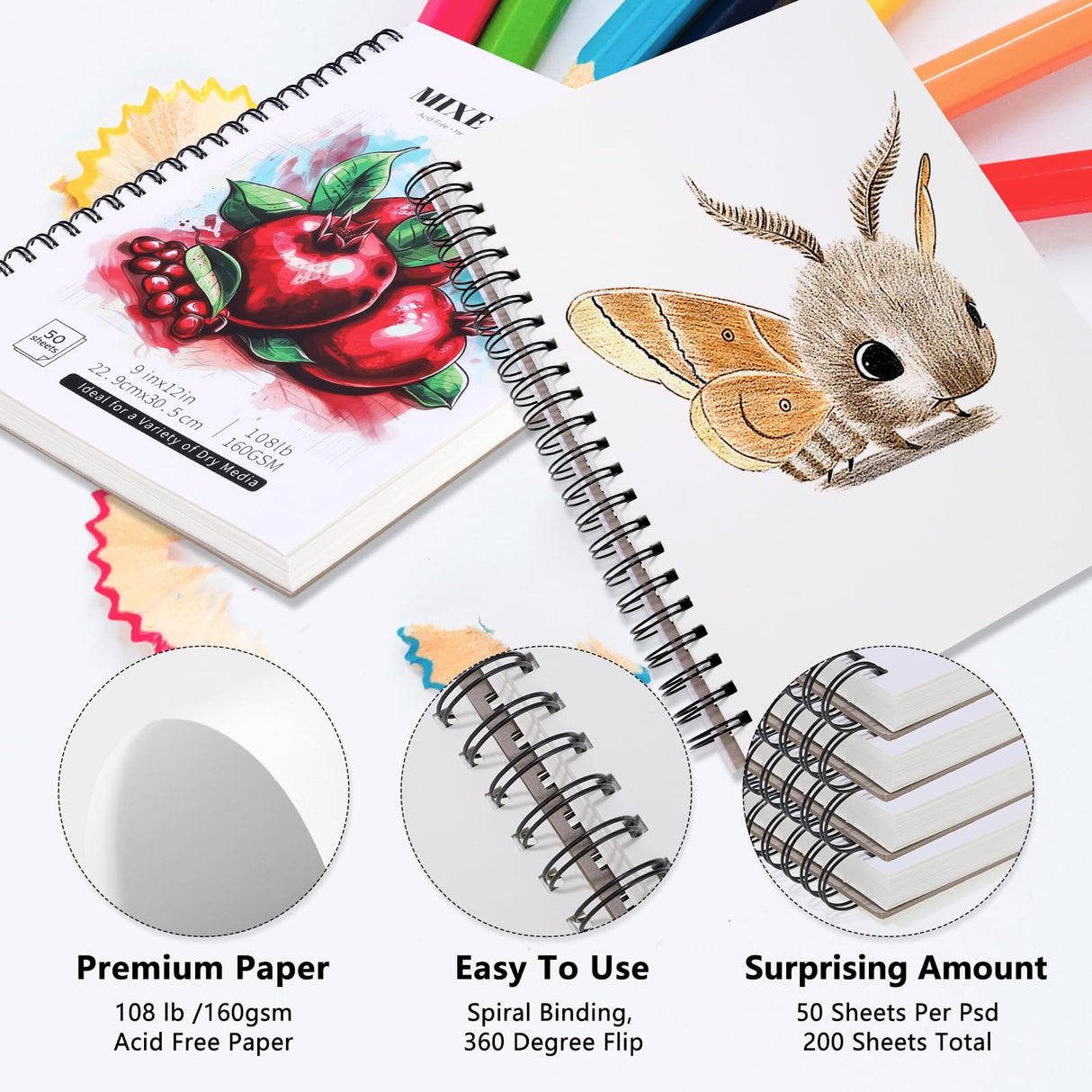 4 Pack Mixed Media Sketchbook, 9x12 inches Drawing Paper Sketch Book, 98lb/160gsm Heavyweight Spiral Bound Sketch Pads, Suitable for Wet and Dry Media, Drawing, Painting, Sketching(200 Sheets) Prudiut