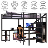 MoproBeti Queen Size Loft Bed with Desk and Stairs,Metal Gaming Loft Bed Queen with Wardrobe and Shelf, High Loft Bed with LED & USB Charging Station for Teens, Adults, Space Saving Design,Black MoproBeti