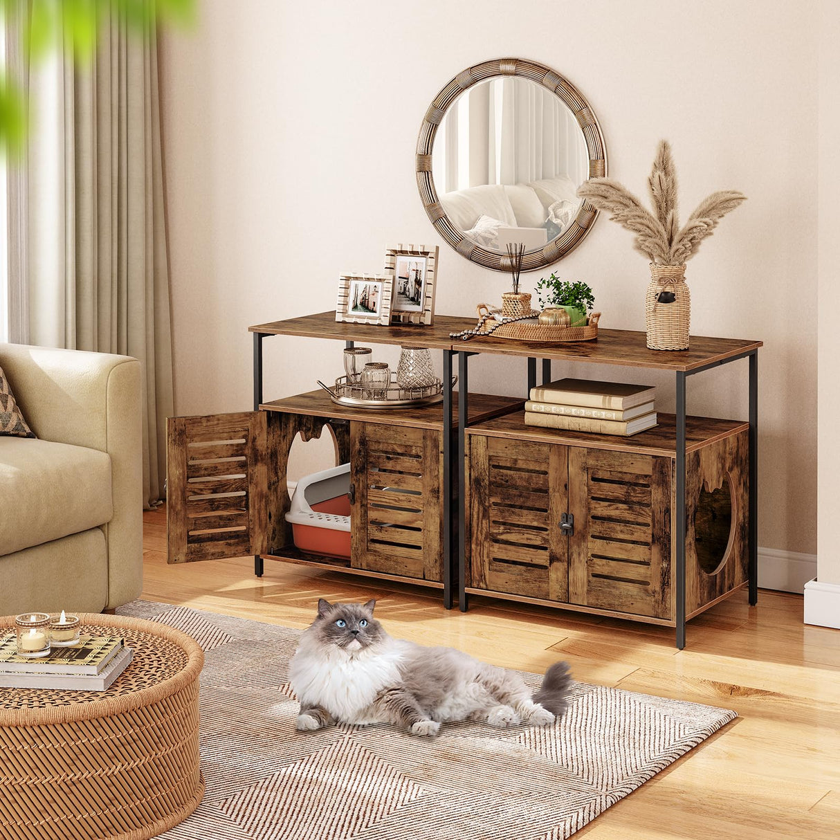 HOOBRO Cat Litter Box Enclosure, Louvered Hidden Cat Litter Box, Enclosed Cat Litter Box Furniture with Extra Storage Space, Side Table, Nightstand, Multifunctional, Rustic Brown BF66MW01 HOOBRO