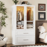 PAKASEPT Armoire Wardrobe Closet with Glass Door and Drawers, Bedroom Closet Wardrobe Cabinet with Hanging Rod, Lighted Freestanding Armoire Storage Cabinet for Bedroom Cloakroom White PAKASEPT