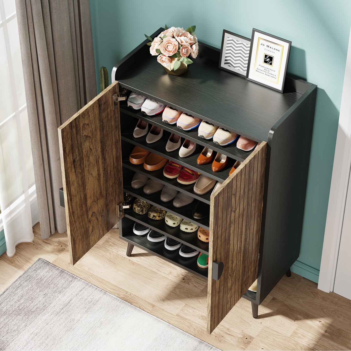 Tribesigns Shoe Cabinet with Doors, 7-Tier Shoe Storage Cabinet with Adjustable Shelves, Wooden Shoes Rack Shoe Storage Organizer for Entryway, Hallway, Closet, Living Room, Rustic Brown - WoodArtSupply