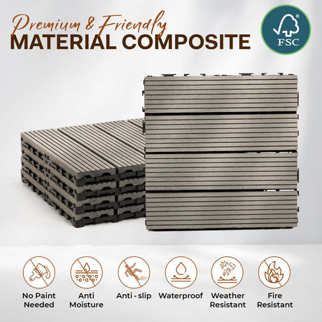 IDZO Wood Plastic Composite Deck Tiles Set of 10, Sustainable FSC Composite Decking Resist Rust, Water, Weather, Easy to DIY & Maintain, Ideal for Patios, Balconies, Rooftops, Decks - Grey IDZO