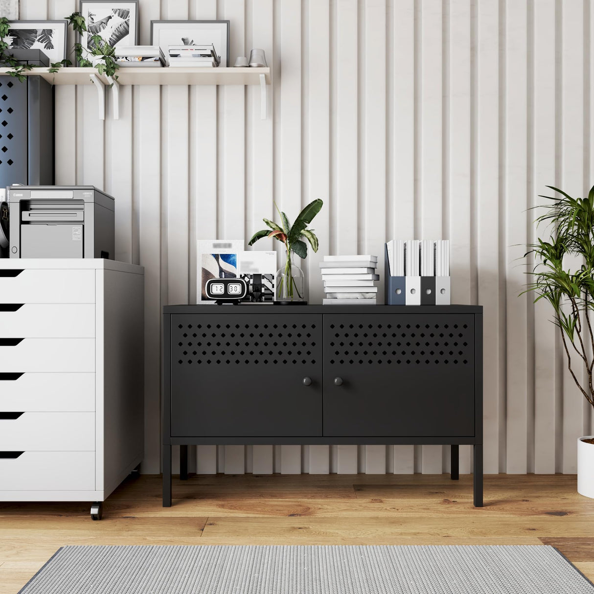 biosp 2 Door Metal Accent Cabinet 25" H Metal Storage Cabinet for Home Office Hallway Entryway Garage Basement, TV Stand for Living Room, Black biosp