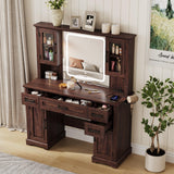 Maupvit Farmhouse Vanity Desk with Mirror and Lights, Makeup Vanity Table with Charging Station, 45" Bedroom Table with 4 Drawers and Cabinets, 3 Lighting Modes, Brown Maupvit