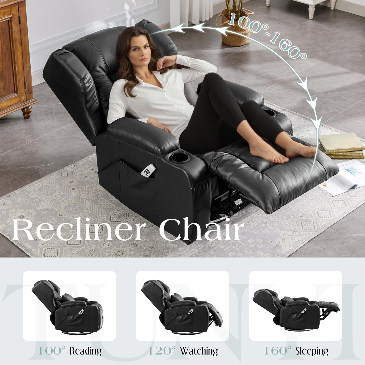 TUNYI Power Recliner Chair, Swivel Rocker Recliner Chair with Massage & Heat Faux Leather Home Theater Seating Rocker Reclining Chair for Living Room with LED Light/USB Port/Lumbar Pillow (Black) TUNYI