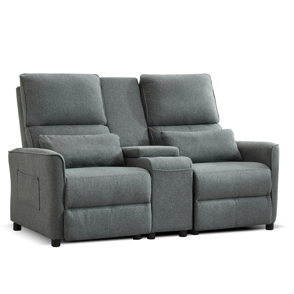 DRMBOOK 63'' RV Loveseat Recliner Sofa, Linen Fabric Double Camper Couch 2 Seater Recliner with Console, Home Movie Theater Seating Chair, 2 Person Push Back Recliners for Living Room, Grey DRMBOOK