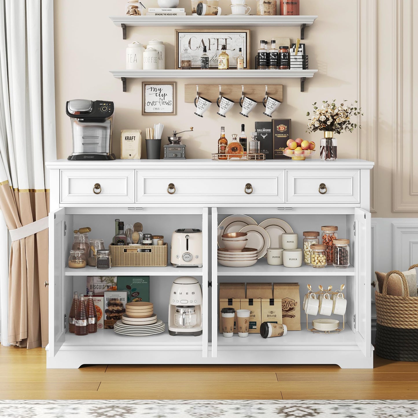 finetones Buffet Cabinet with Storage, 55.1" Large Sideboard Buffet Cabinet, White Kitchen Cabinet with 3 Drawers and 4 Doors, Wood Coffee Bar Cabinet for Kitchen Dining Room, White - WoodArtSupply