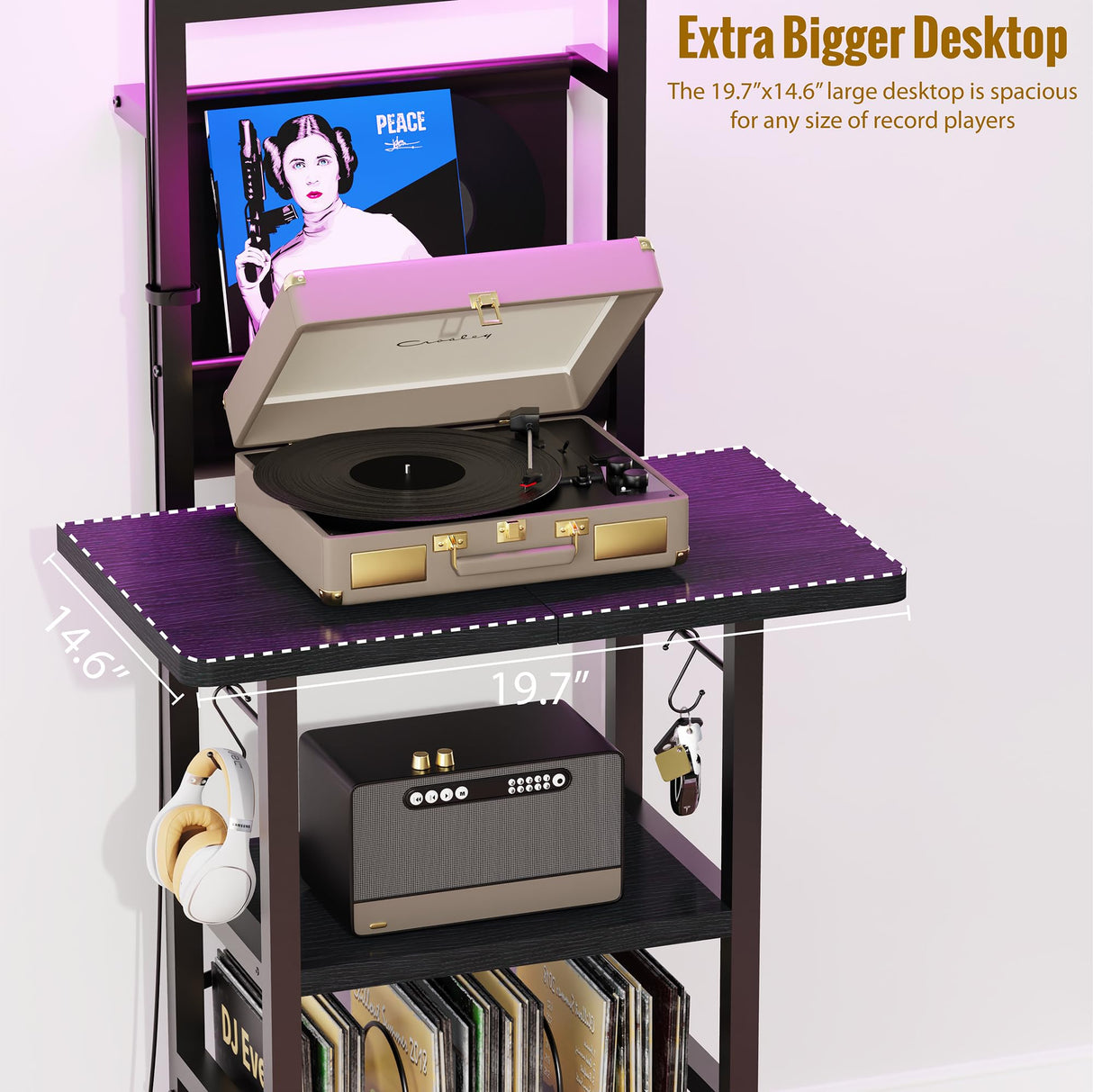 YAKANJ Record Player Stand with Led Light,Record Player Table with Vinyl Storage,Turntable Stand with Record Holder Vinyls Display Shelf for Music Room Studio,Black YAKANJ